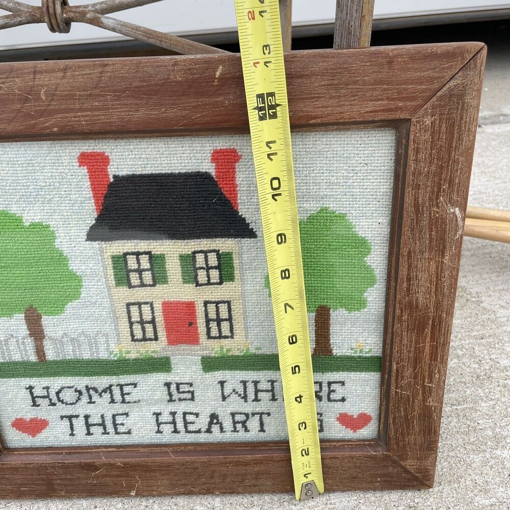 VTG Framed Hand Cross Stitched Needlepoint “Home is Where The Heart Is” 13x15 LN - Picture 3 of 4